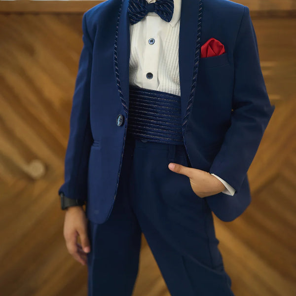 Self-striped navy tuxedo set for boys wedding and parties Jaipur