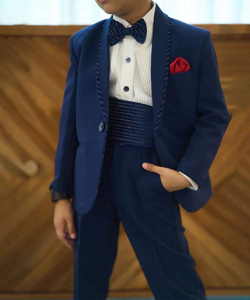 Self-striped navy tuxedo set for boys wedding and parties Jaipur