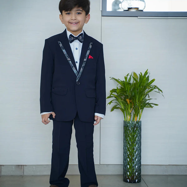 Navy blue boys tuxedo suit with sequin collar Jaipur partywear