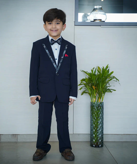 Navy blue boys tuxedo suit with sequin collar Jaipur partywear