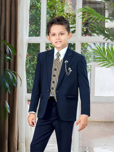 Kids navy tuxedo coat suit with self-striped tie Jaipur