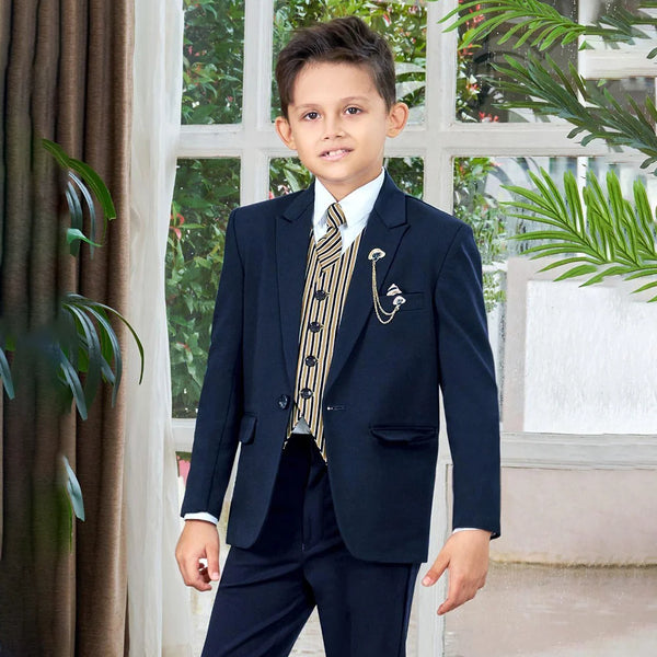 Kids navy tuxedo coat suit with self-striped tie Jaipur