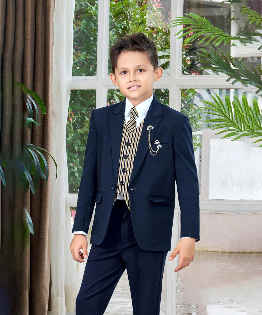 Kids navy tuxedo coat suit with self-striped tie Jaipur