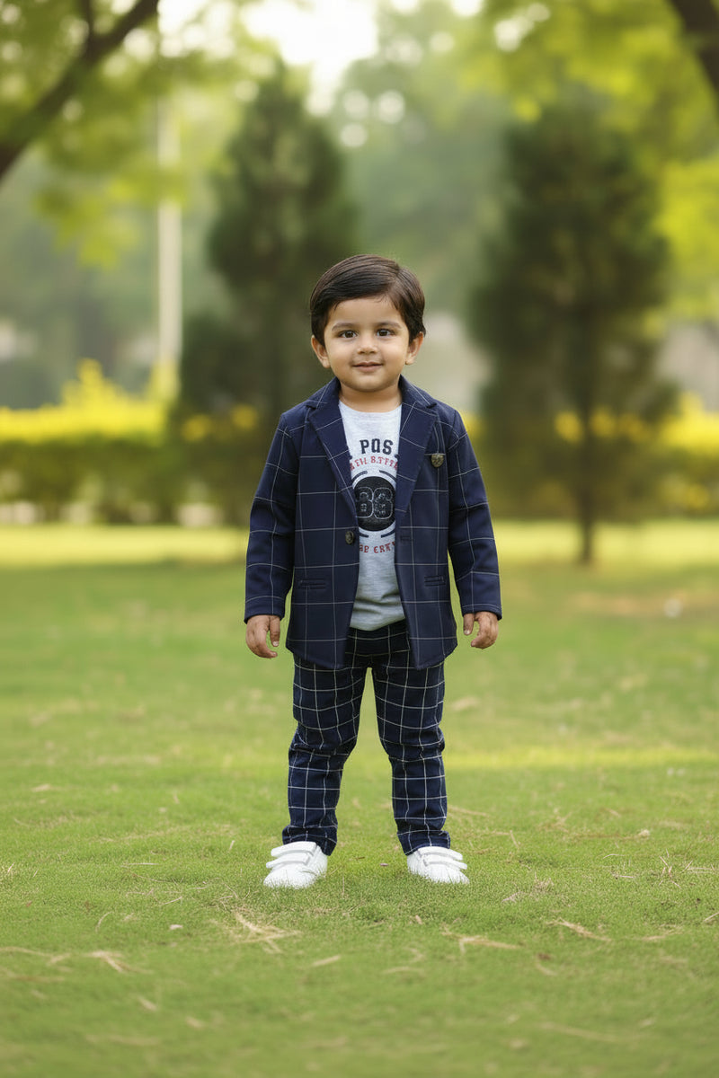 Navy checkered blazer over a gray t-shirt on a white background