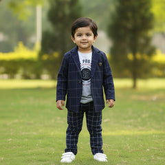 Navy checkered blazer over a gray t-shirt on a white background