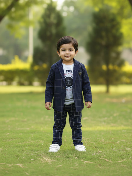 Navy checkered blazer over a gray t-shirt on a white background
