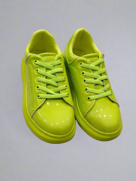 Neon lime girls' lace-up sneakers with glossy finish, Jaipur, ages 1–8 years
