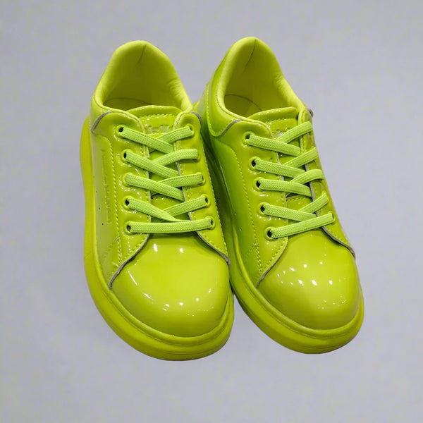 Neon lime girls' lace-up sneakers with glossy finish, Jaipur, ages 1–8 years