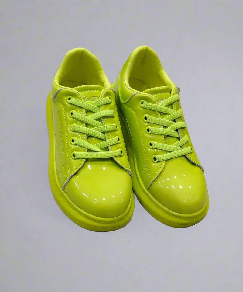 Neon lime girls' lace-up sneakers with glossy finish, Jaipur, ages 1–8 years