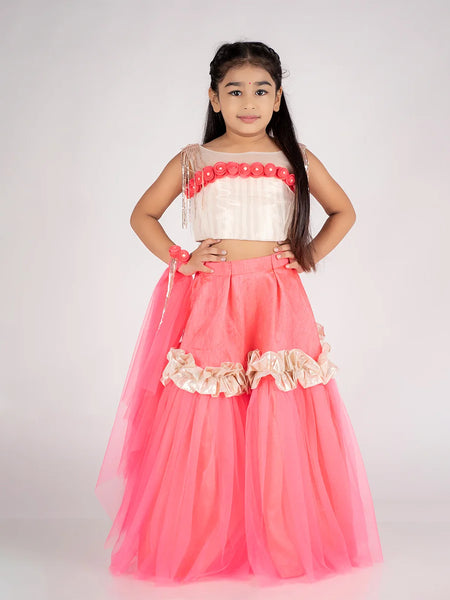 Neon pink and golden kids lehenga with flower work, perfect for weddings in Jaipur
