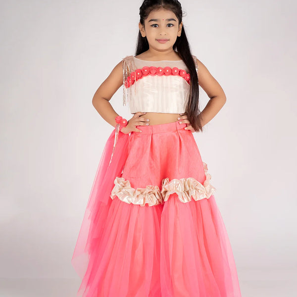 Neon pink and golden kids lehenga with flower work, perfect for weddings in Jaipur