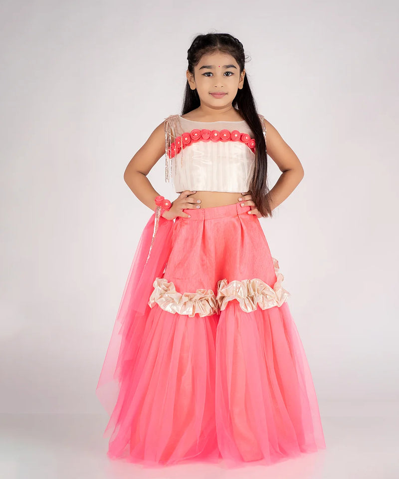 Neon pink and golden kids lehenga with flower work, perfect for weddings in Jaipur