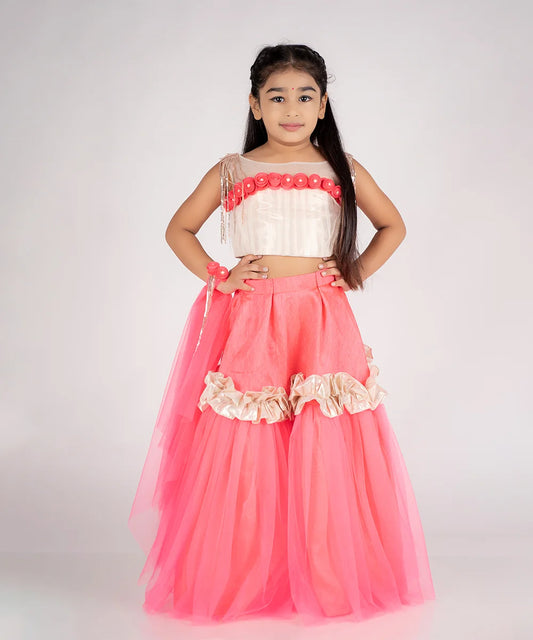 Neon pink and golden kids lehenga with flower work, perfect for weddings in Jaipur