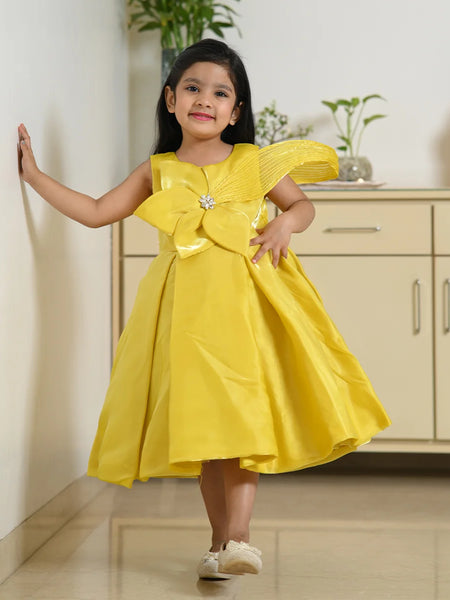 Neon yellow box pleated birthday frock for girls, Jaipur kidswear showroom