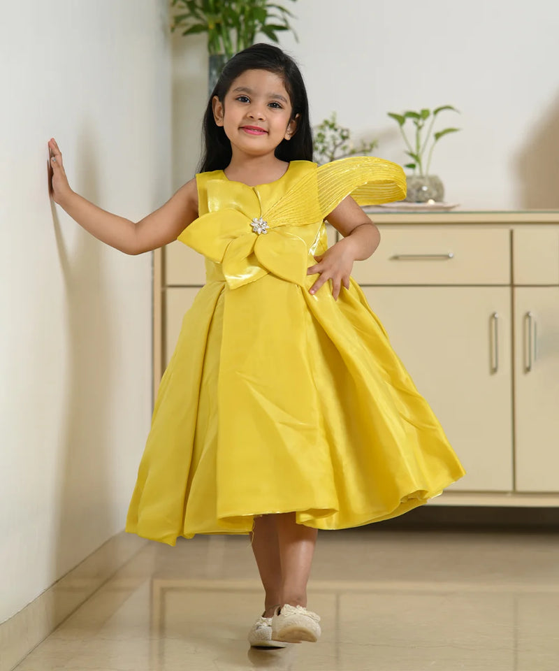 Neon yellow box pleated birthday frock for girls, Jaipur kidswear showroom