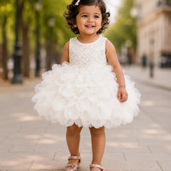 A young toddler girl wearing a sleeveless white dress with a beaded bodice and a large ruffled tulle skirt, standing on a paved outdoor walkway with trees and buildings blurred in the background.