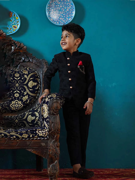 Indian party wear black jacquard jodhpuri suit set for boys