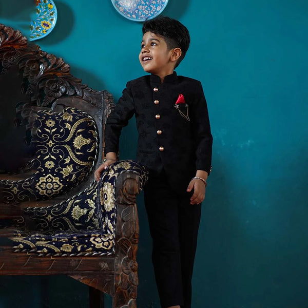 Indian party wear black jacquard jodhpuri suit set for boys