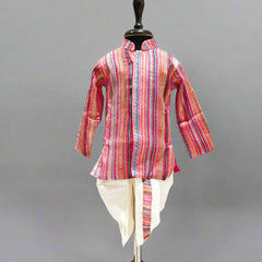 Infant kurta dhoti set with multicolor stripes on a mannequin.