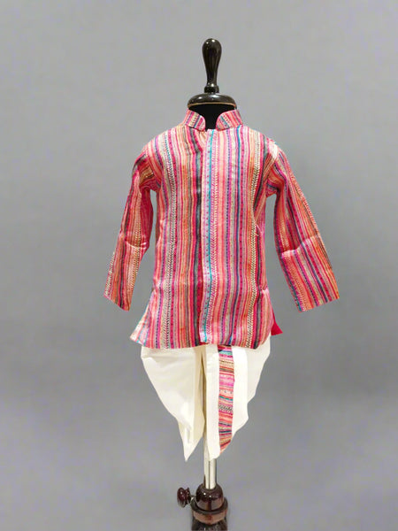 Infant kurta dhoti set with multicolor stripes on a mannequin.