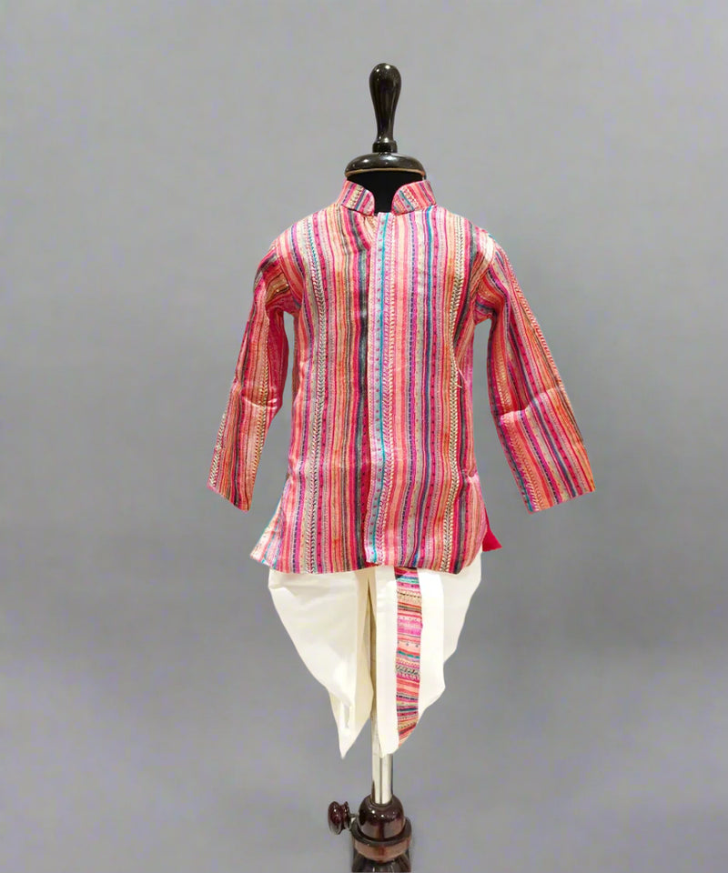 Infant kurta dhoti set with multicolor stripes on a mannequin.