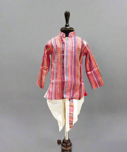 Infant kurta dhoti set with multicolor stripes on a mannequin.