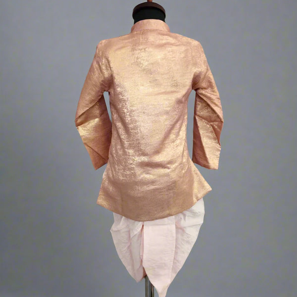 Traditional pink kurta with white dhoti on a mannequin against a gray background