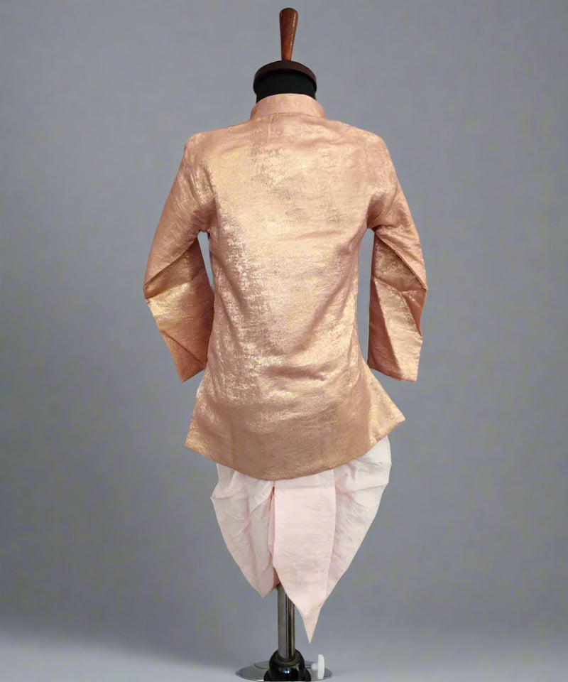 Traditional pink kurta with white dhoti on a mannequin against a gray background