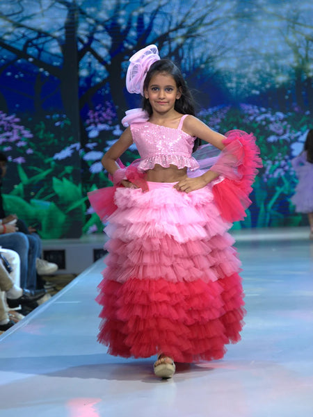 Ombre pink ruffled lehenga for girls with sequin choli, readymade lehenga for kids in Jaipur