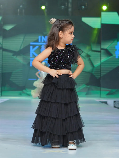 Stylish black kids lehenga choli with floral shoulder accent and short fancy sleeve, ideal for Jaipuri wedding party