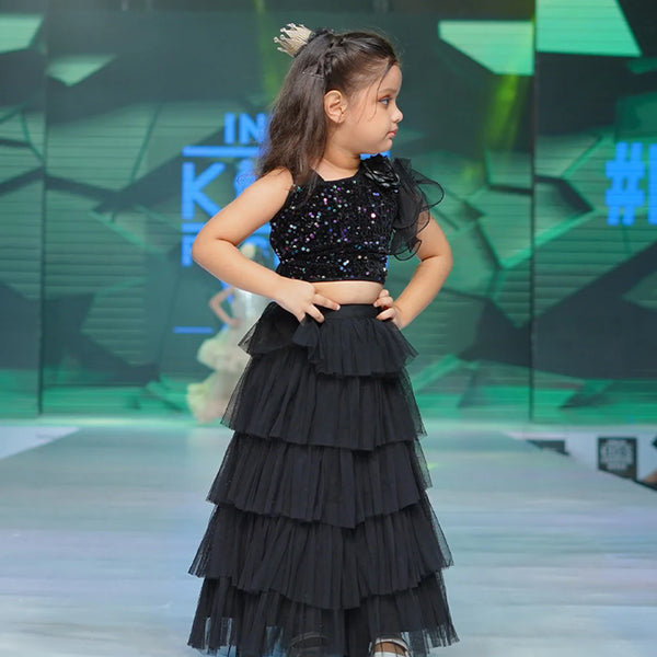 Stylish black kids lehenga choli with floral shoulder accent and short fancy sleeve, ideal for Jaipuri wedding party