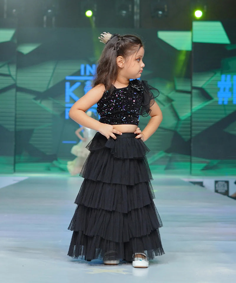 Stylish black kids lehenga choli with floral shoulder accent and short fancy sleeve, ideal for Jaipuri wedding party