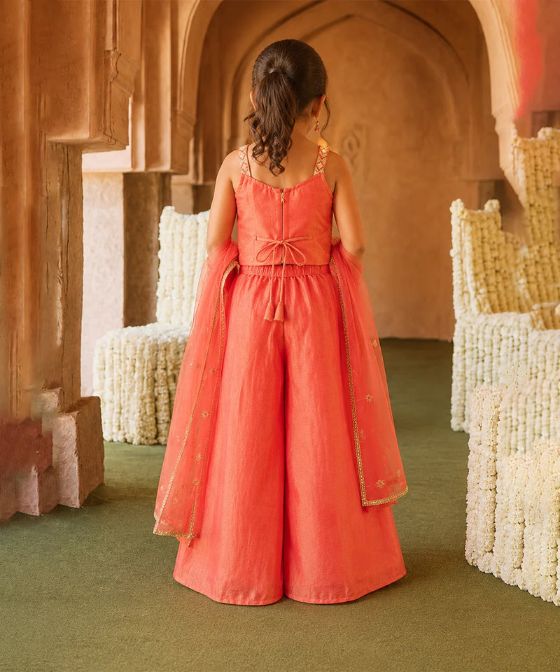Stylish orange party wear sharara set for girls.