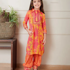 Orange printed salwar suit for girls, readymade lehenga for kids in Jaipur, wedding partywear