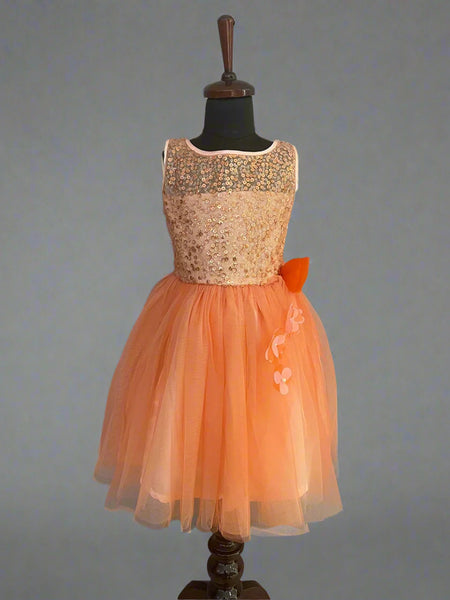 It’s a orange Colored frock that comes with a back zip closure. These kids party wear clothes are an amazing option to shop online. It features sequin and floral detailing on the dress.