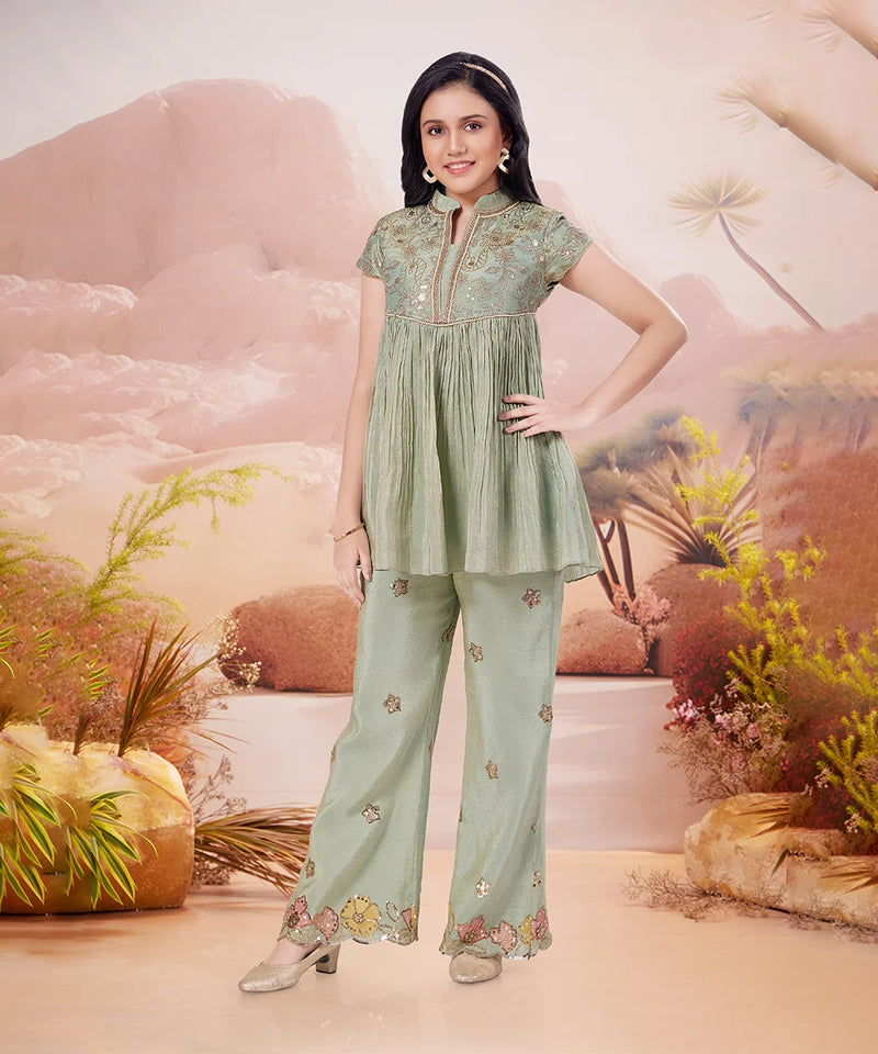 Pista green palazzo set for girls, readymade lehenga for kids in Jaipur, wedding wear