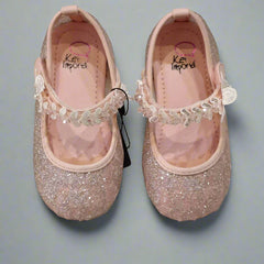 Kids' blush pink sparkle party shoes featuring decorative strap and cushioned insole, Jaipur

