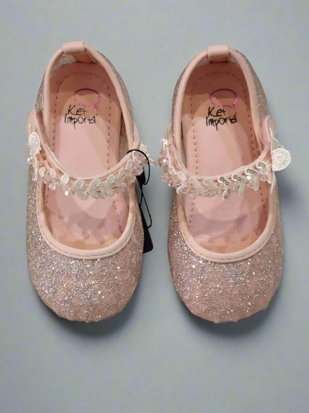 Kids' blush pink sparkle party shoes featuring decorative strap and cushioned insole, Jaipur

