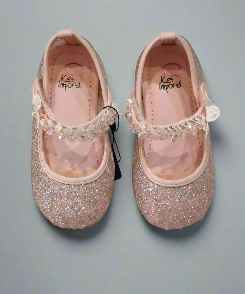 Kids' blush pink sparkle party shoes featuring decorative strap and cushioned insole, Jaipur

