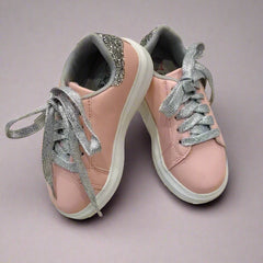 Kids' shiny pink lace-up shoes for girls featuring sparkle star and cushioned sole, Jaipur