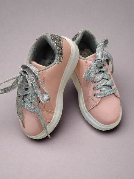 Kids' shiny pink lace-up shoes for girls featuring sparkle star and cushioned sole, Jaipur