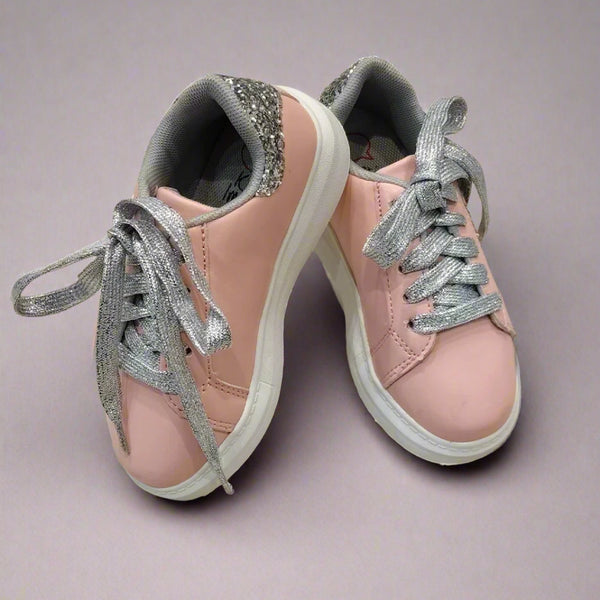 Kids' shiny pink lace-up shoes for girls featuring sparkle star and cushioned sole, Jaipur