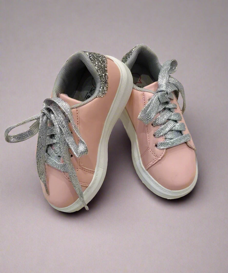 Kids' shiny pink lace-up shoes for girls featuring sparkle star and cushioned sole, Jaipur