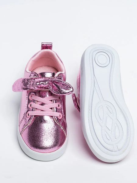 Metallic pink girls' sneakers with large bow and pink laces, Jaipur, ages 1–8 years
