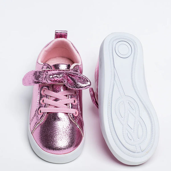 Metallic pink girls' sneakers with large bow and pink laces, Jaipur, ages 1–8 years