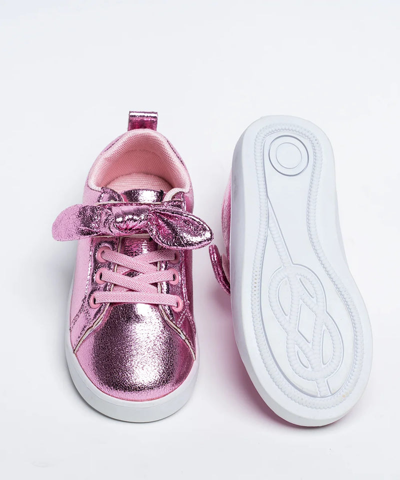 Metallic pink girls' sneakers with large bow and pink laces, Jaipur, ages 1–8 years