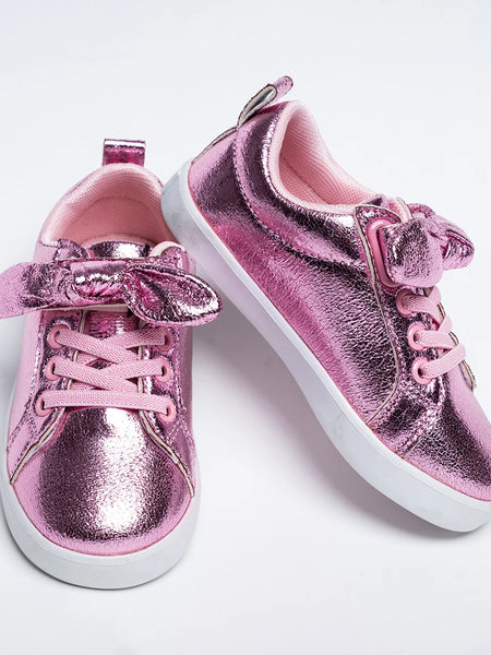 Shiny pink lace-up party shoes for girls featuring statement bow detail, Jaipur
