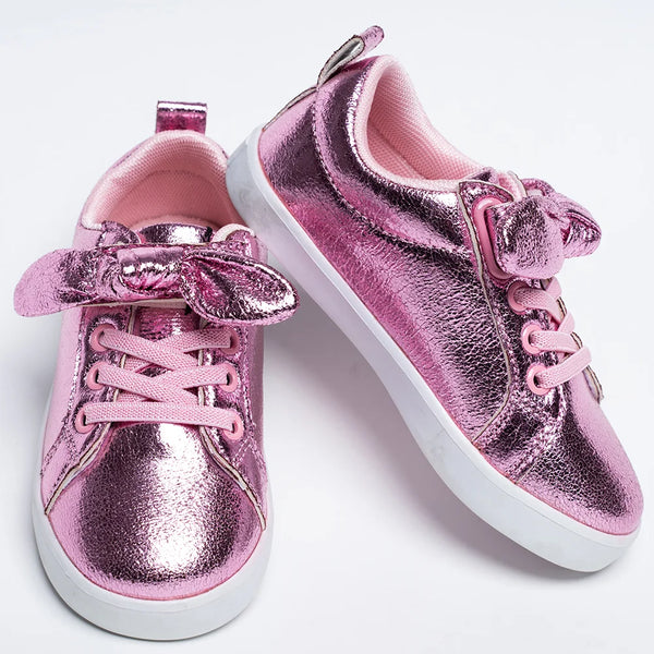 Shiny pink lace-up party shoes for girls featuring statement bow detail, Jaipur