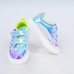 Close-up of girls' shiny blue strap sneakers with cushioned sole, perfect for parties in Jaipur