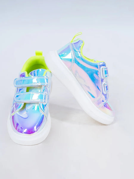 Close-up of girls' shiny blue strap sneakers with cushioned sole, perfect for parties in Jaipur